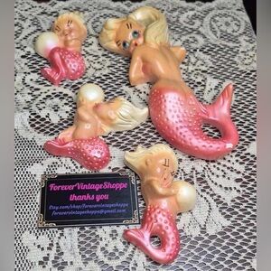 RARE Blonde Mermaid & Babies Wall Art SET Pink Tails & Pearls Vintage Chalkware